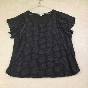 Stella + Ginger Black Floral Textured Ruffle Sleeve Blouse Top 2X Plus Size